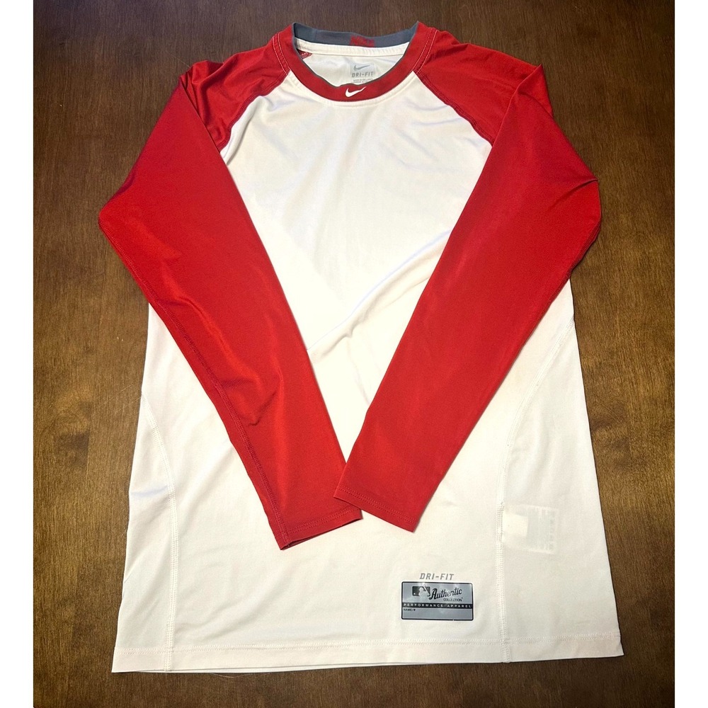 Nike MLB Baseball Shirt Mens Large White Red Athletic Fit Raglan Sleeve Crewneck